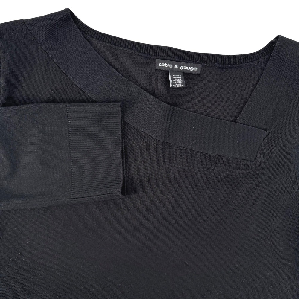 Cable & Gauge Womens Medium Black Asymmetrical Neck 3/4 Sleeve Sweater Top